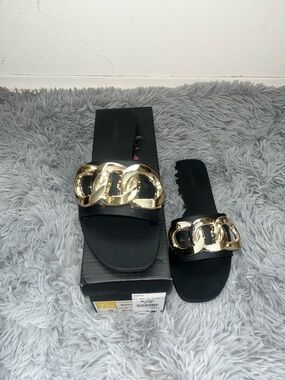 Liliana Black Slide Sandals with Gold Chain Accent